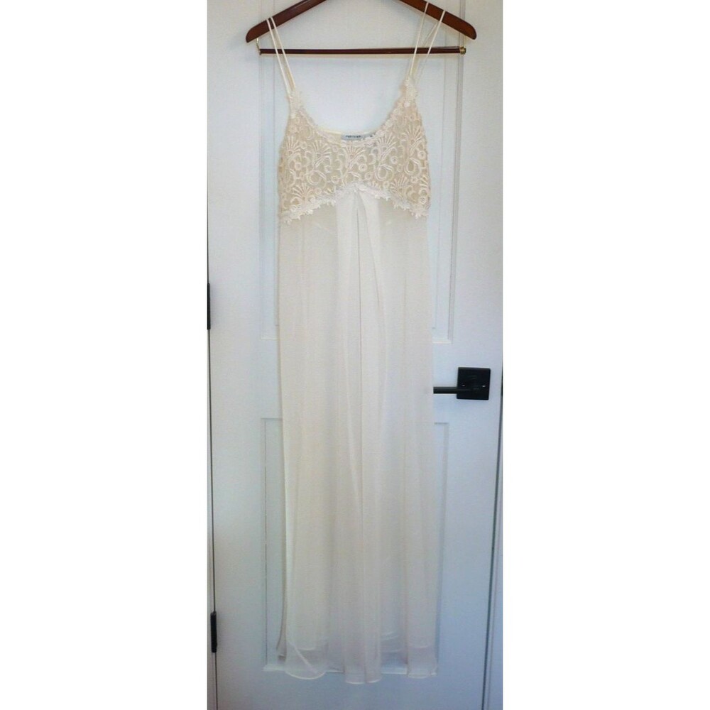 Parisian Ivory Bridal Maxi Long Nightgown Sz L Lingerie Fully Sheer Lace Bosom